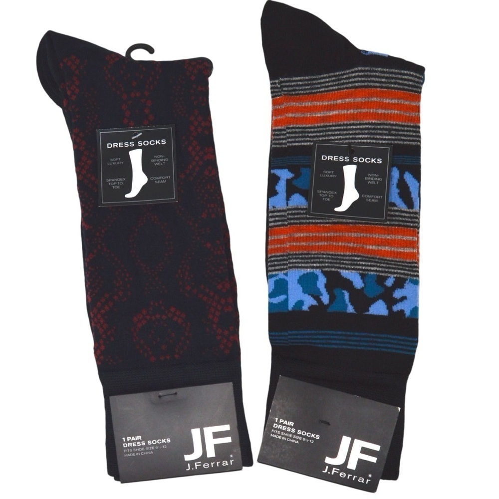 2 Pair J. Ferrar Soft Dress Socks, Size 10-13 Snake‎ Skin & Mix Stripe Camo NEW
